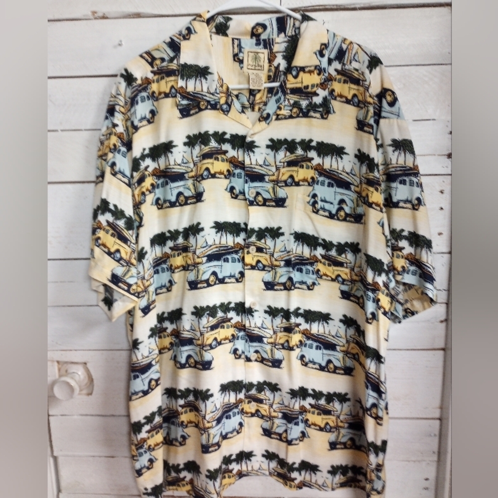 Morro Bay Hawaiian Shirt XL Viscose Surf Woody Car Aloha Palm Tree Vintage Look